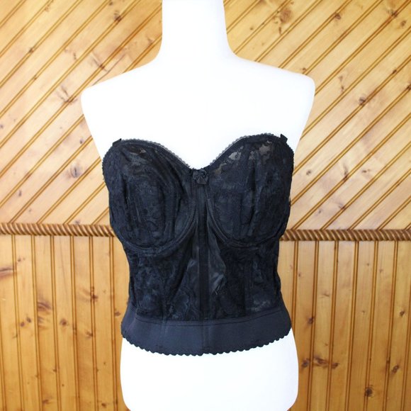 Goddess Long Line Bra Bustier Black Lace 40B 1990s Full Coverage Strapless b82 - Picture 2 of 8